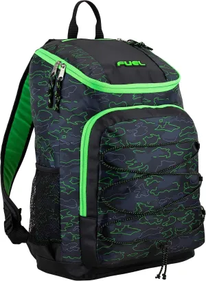 FUEL Wide Mouth Sports Luggage Backpack with Front Bungee and Inner Tech Pocket, Green Outline Camo