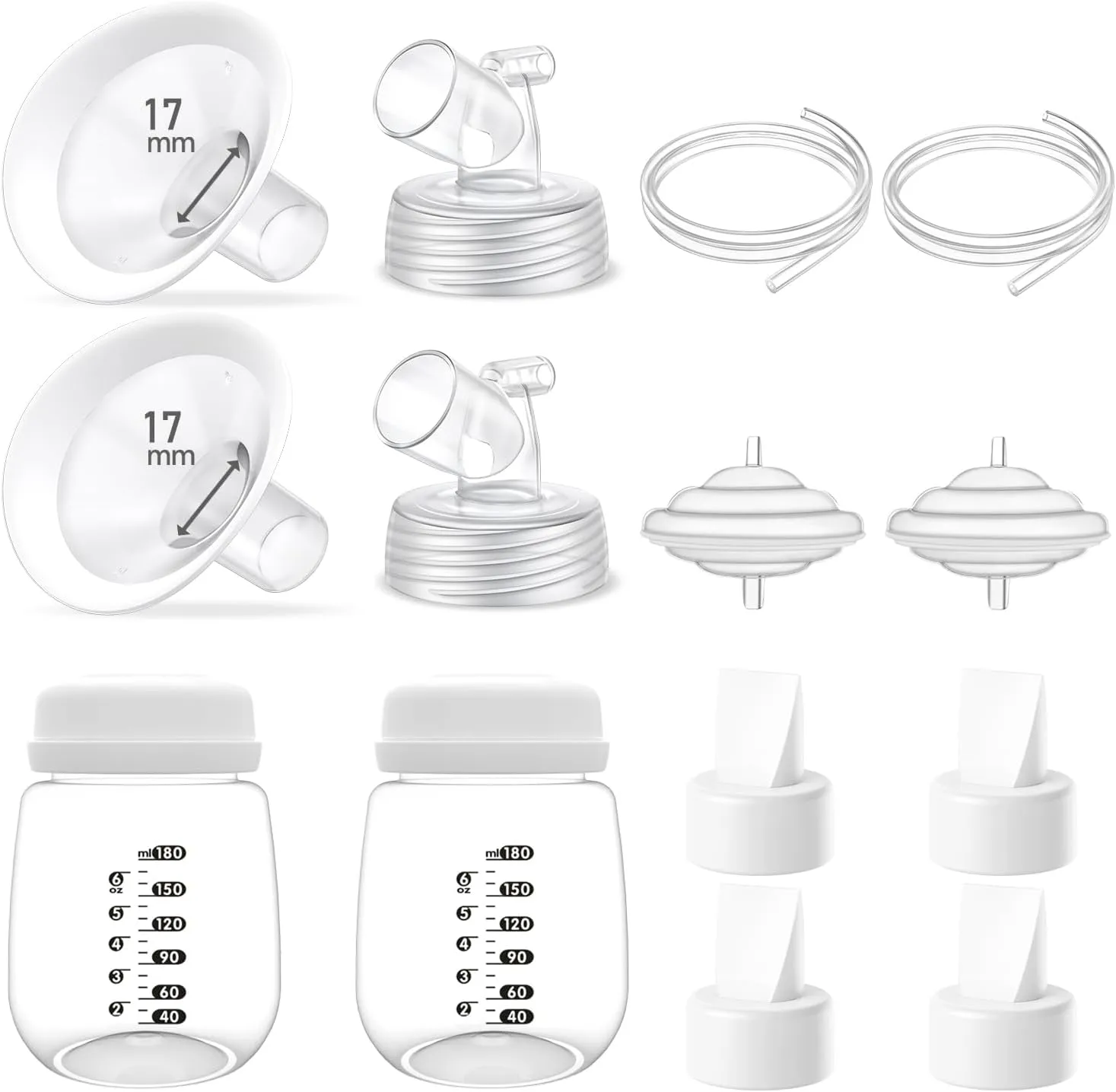 Full Breast Pump Parts with 17mm Oval Soft Rim Flanges and Wide-Mouth Base Connector for Spectra S2 S1 9 Plus SG, Medela, Lansinoh Pumps, Include Flange, Valve, Backflow Protector, Tubing and Bottle