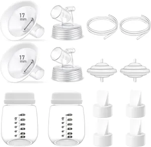 Full Breast Pump Parts with 17mm Oval Soft Rim Flanges and Wide-Mouth Base Connector for Spectra S2 S1 9 Plus SG, Medela, Lansinoh Pumps, Include Flange, Valve, Backflow Protector, Tubing and Bottle