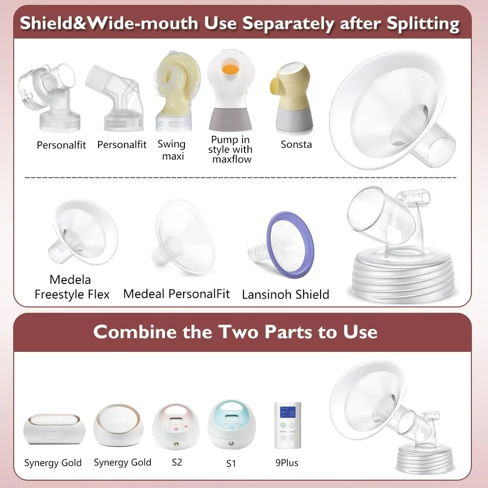 Full Breast Pump Parts with 17mm Oval Soft Rim Flanges and Wide-Mouth Base Connector for Spectra S2 S1 9 Plus SG, Medela, Lansinoh Pumps, Include Flange, Valve, Backflow Protector, Tubing and Bottle