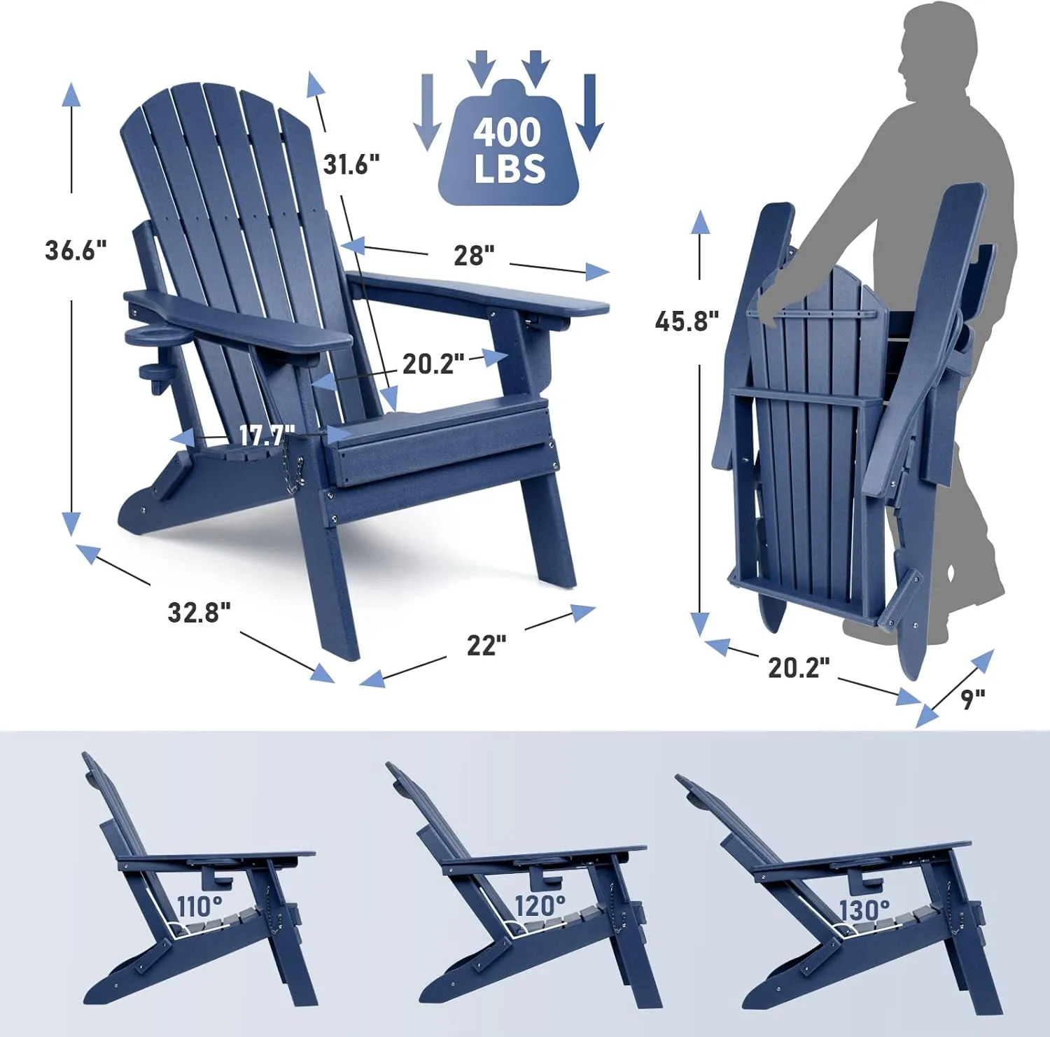FUNBERRY Folding Adirondack Chairs Set of 4 with Adjustable Backrest, HDPE All Weather Fire Pit Chairs with Cup Holder