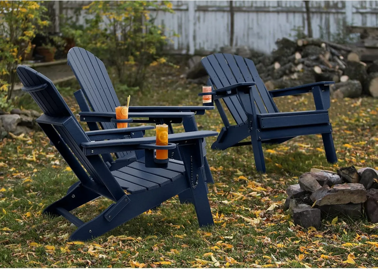 FUNBERRY Folding Adirondack Chairs Set of 4 with Adjustable Backrest, HDPE All Weather Fire Pit Chairs with Cup Holder