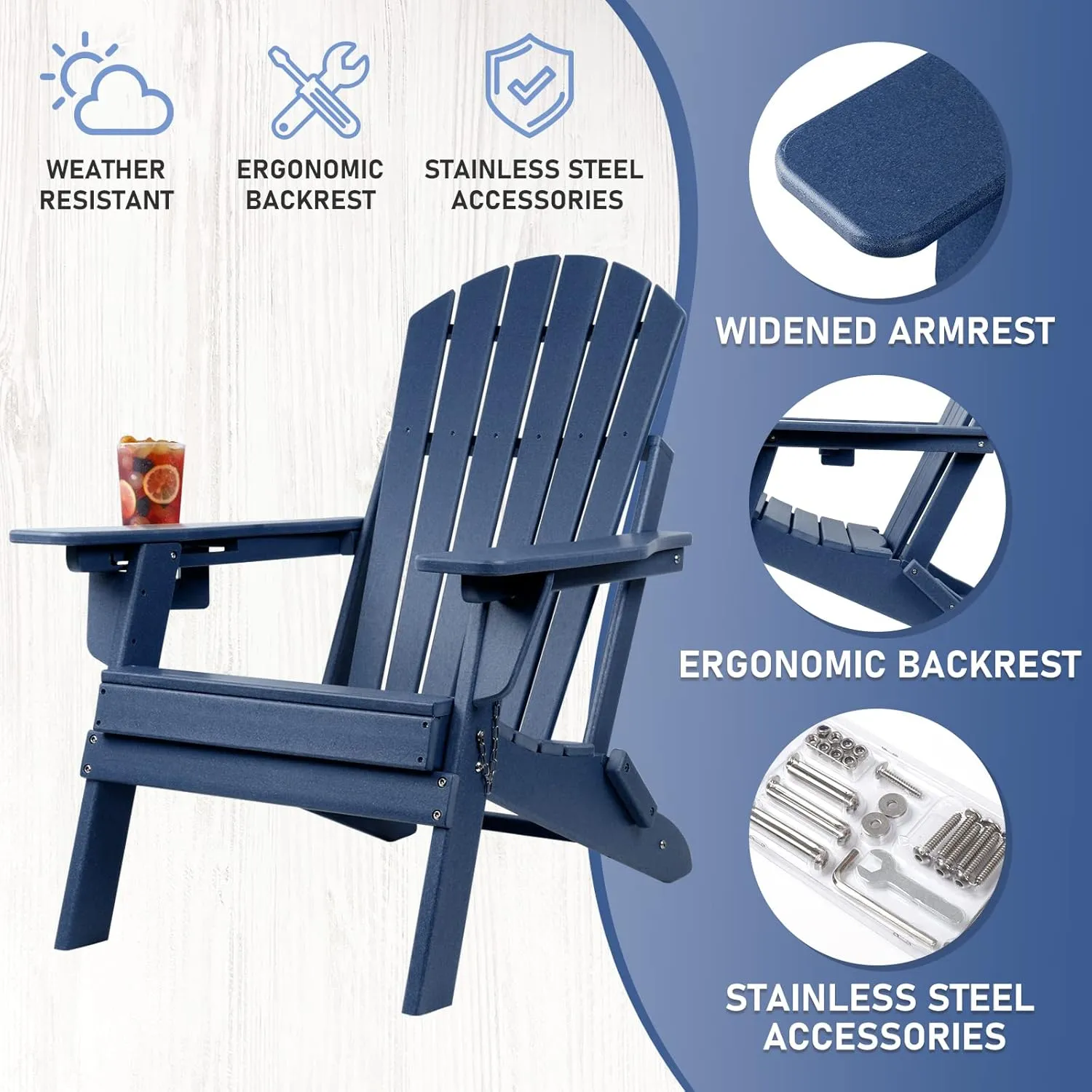 FUNBERRY Folding Adirondack Chairs Set of 4 with Adjustable Backrest, HDPE All Weather Fire Pit Chairs with Cup Holder