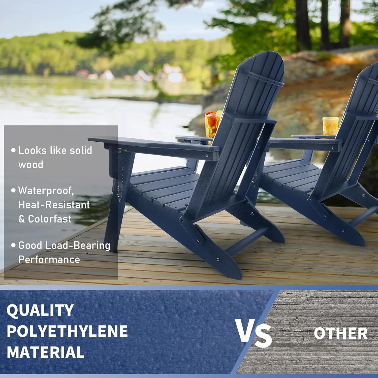 FUNBERRY Folding Adirondack Chairs Set of 4 with Adjustable Backrest, HDPE All Weather Fire Pit Chairs with Cup Holder