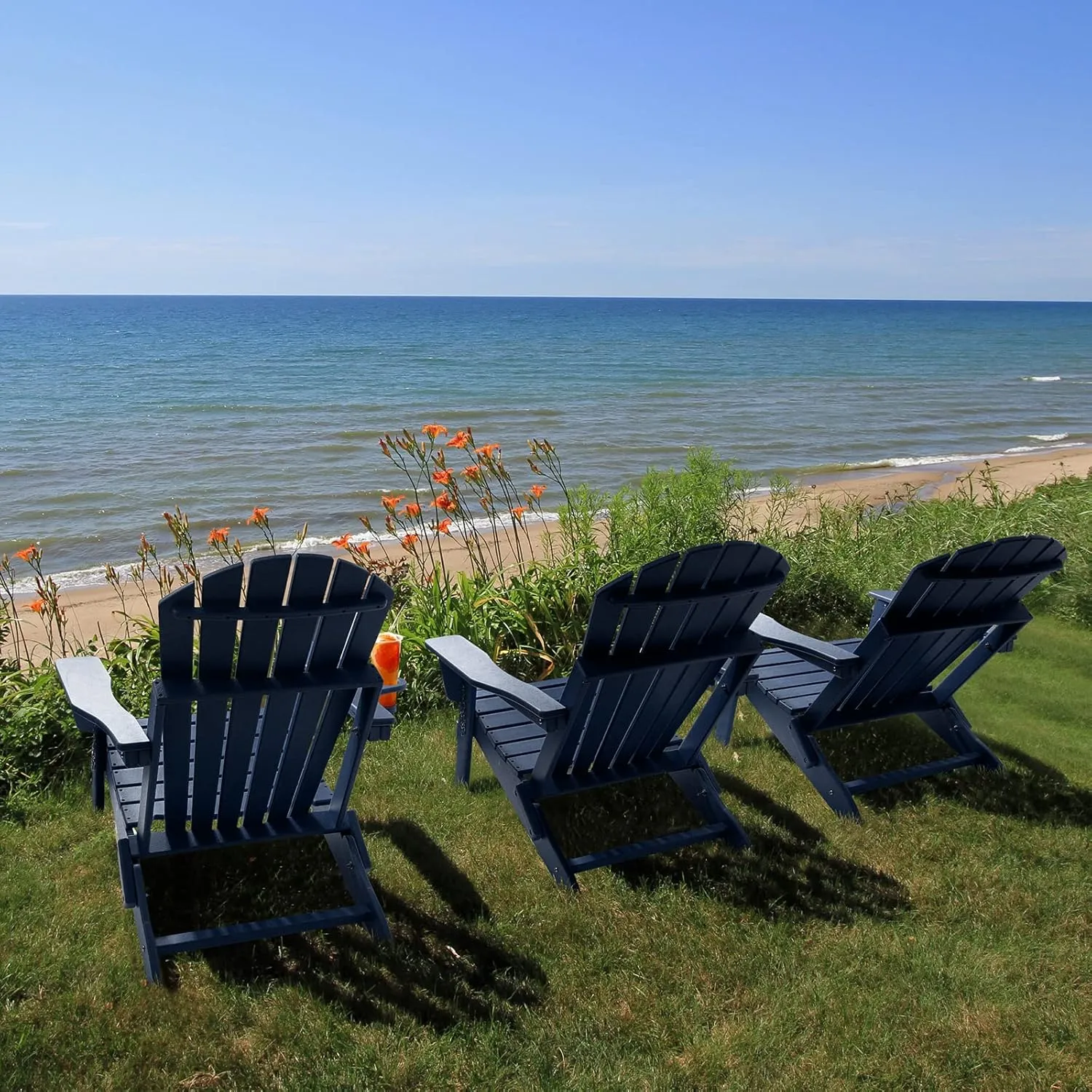 FUNBERRY Folding Adirondack Chairs Set of 4 with Adjustable Backrest, HDPE All Weather Fire Pit Chairs with Cup Holder