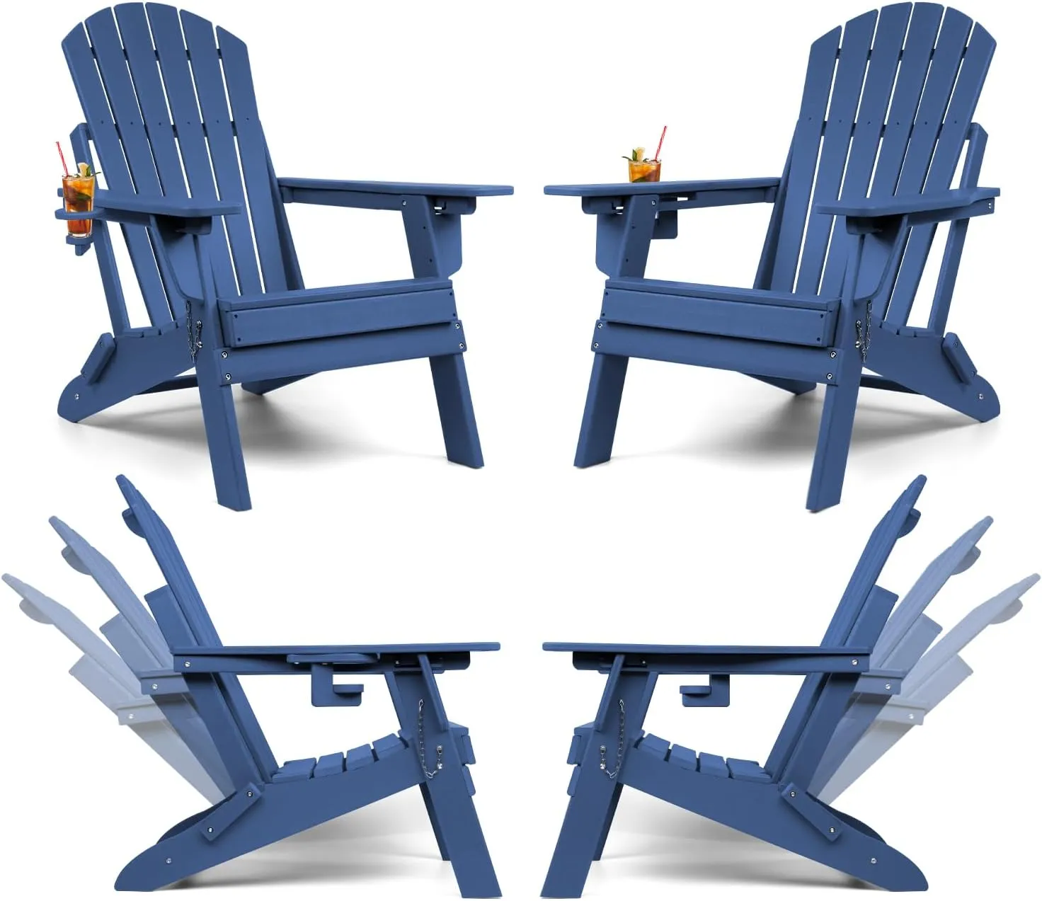FUNBERRY Folding Adirondack Chairs Set of 4 with Adjustable Backrest, HDPE All Weather Fire Pit Chairs with Cup Holder