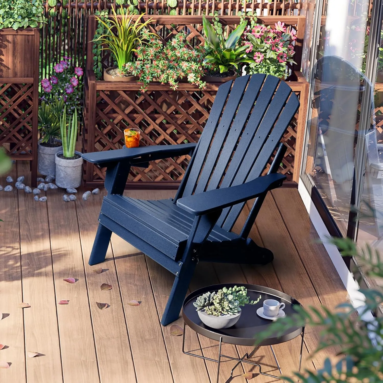 FUNBERRY Folding Adirondack Chairs Set of 4 with Adjustable Backrest, HDPE All Weather Fire Pit Chairs with Cup Holder