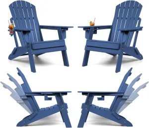 FUNBERRY Folding Adirondack Chairs Set of 4 with Adjustable Backrest, HDPE All Weather Fire Pit Chairs with Cup Holder