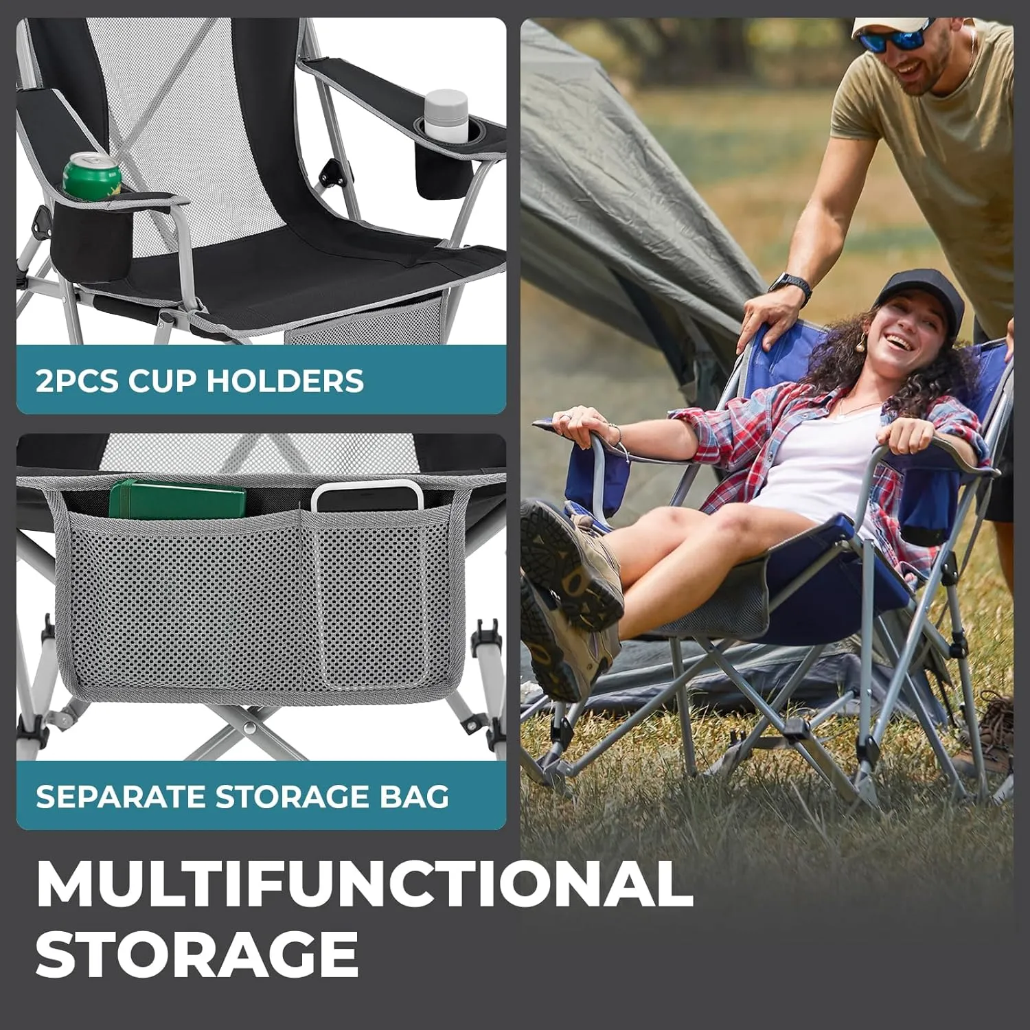 FUNDANGO Rocking Camping Chair, 2 Pack High Mesh Back Portable Folding Camp Chairs with Pillows, Cup Holder and Carry Bag for Lawn Patio Garden Outdoor Supports 300 Lbs (Blue/Grey)