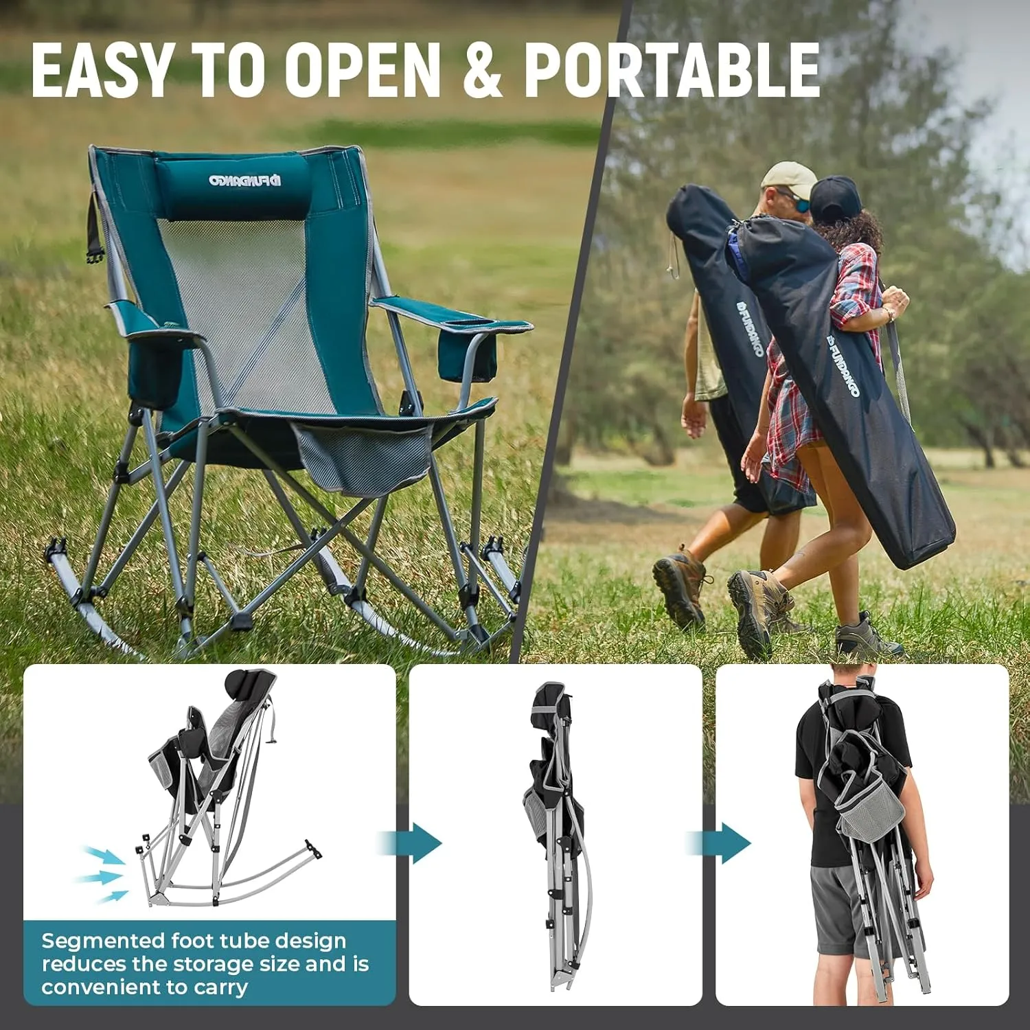 FUNDANGO Rocking Camping Chair, 2 Pack High Mesh Back Portable Folding Camp Chairs with Pillows, Cup Holder and Carry Bag for Lawn Patio Garden Outdoor Supports 300 Lbs (Blue/Grey)
