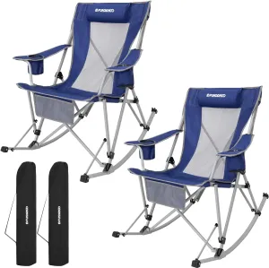 FUNDANGO Rocking Camping Chair, 2 Pack High Mesh Back Portable Folding Camp Chairs with Pillows, Cup Holder and Carry Bag for Lawn Patio Garden Outdoor Supports 300 Lbs (Blue/Grey)
