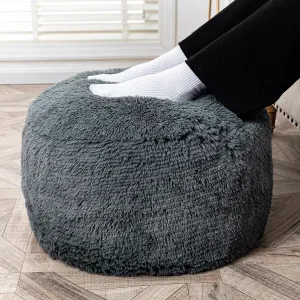 Fur Ottoman Stool Unstuffed Footstool Cover Floor Pouf NO Filler Foot Rest 20x12 In Round Poof Seat Bean Bag Chair Foldable Storage for Living Room Bedroom Cover ONLY Dark Gray