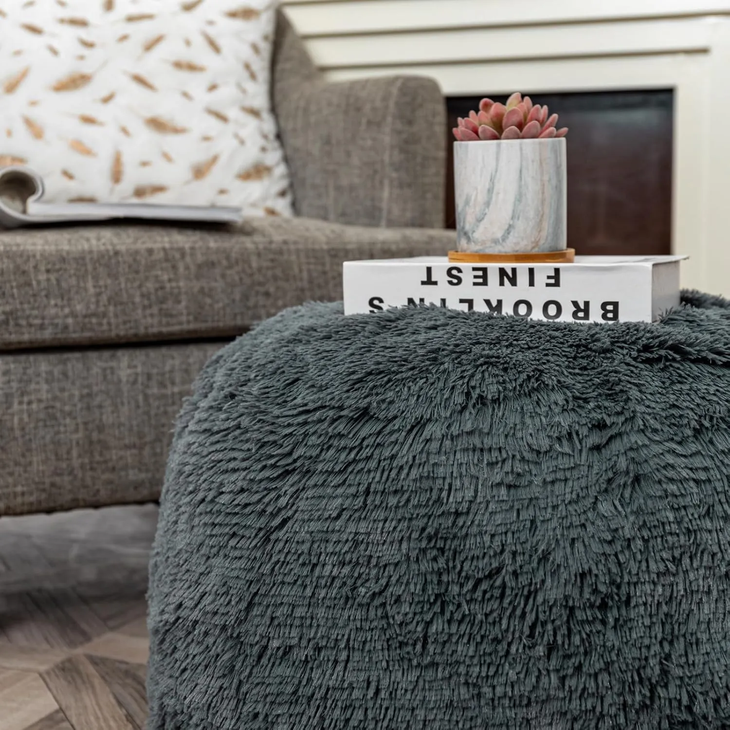 Fur Ottoman Stool Unstuffed Footstool Cover Floor Pouf NO Filler Foot Rest 20x12 In Round Poof Seat Bean Bag Chair Foldable Storage for Living Room Bedroom Cover ONLY Dark Gray