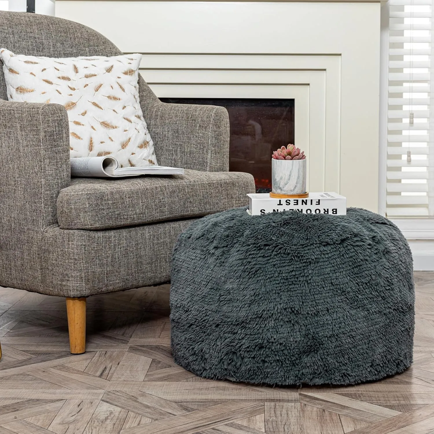 Fur Ottoman Stool Unstuffed Footstool Cover Floor Pouf NO Filler Foot Rest 20x12 In Round Poof Seat Bean Bag Chair Foldable Storage for Living Room Bedroom Cover ONLY Dark Gray
