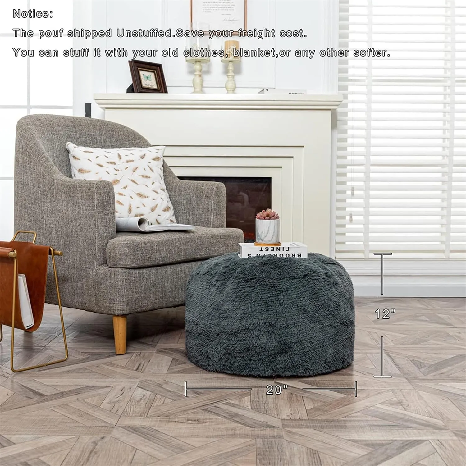 Fur Ottoman Stool Unstuffed Footstool Cover Floor Pouf NO Filler Foot Rest 20x12 In Round Poof Seat Bean Bag Chair Foldable Storage for Living Room Bedroom Cover ONLY Dark Gray
