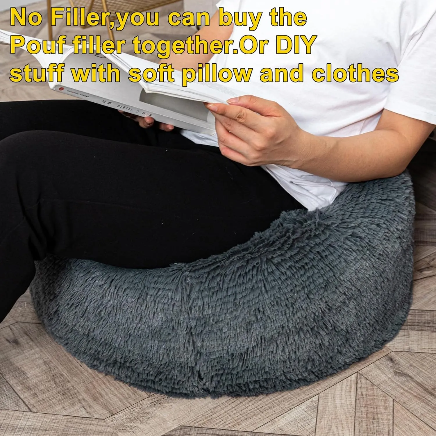 Fur Ottoman Stool Unstuffed Footstool Cover Floor Pouf NO Filler Foot Rest 20x12 In Round Poof Seat Bean Bag Chair Foldable Storage for Living Room Bedroom Cover ONLY Dark Gray