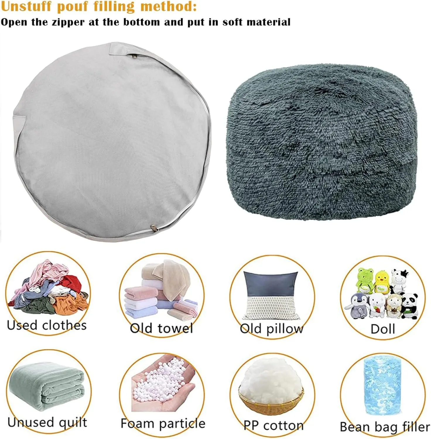 Fur Ottoman Stool Unstuffed Footstool Cover Floor Pouf NO Filler Foot Rest 20x12 In Round Poof Seat Bean Bag Chair Foldable Storage for Living Room Bedroom Cover ONLY Dark Gray