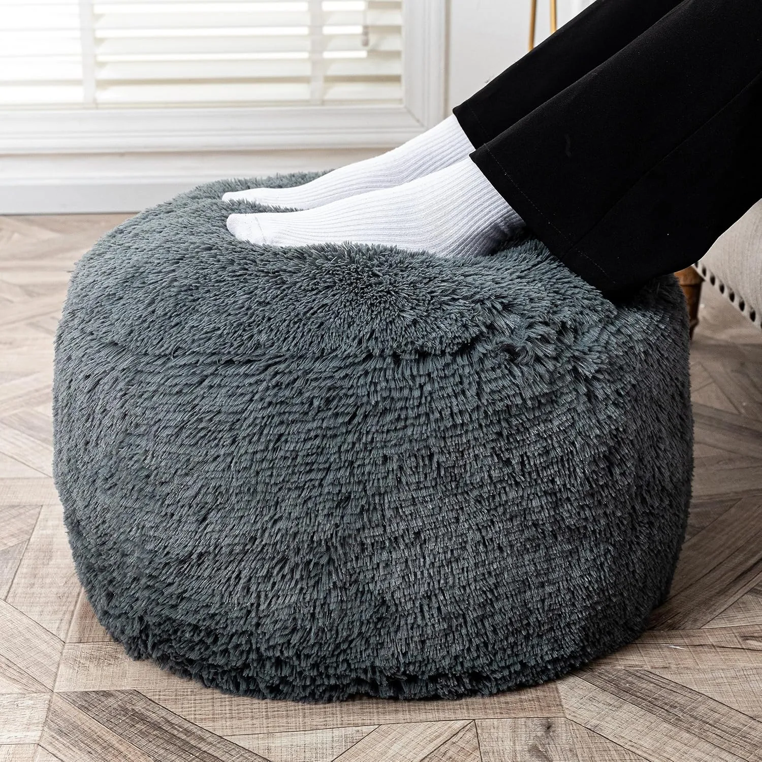 Fur Ottoman Stool Unstuffed Footstool Cover Floor Pouf NO Filler Foot Rest 20x12 In Round Poof Seat Bean Bag Chair Foldable Storage for Living Room Bedroom Cover ONLY Dark Gray