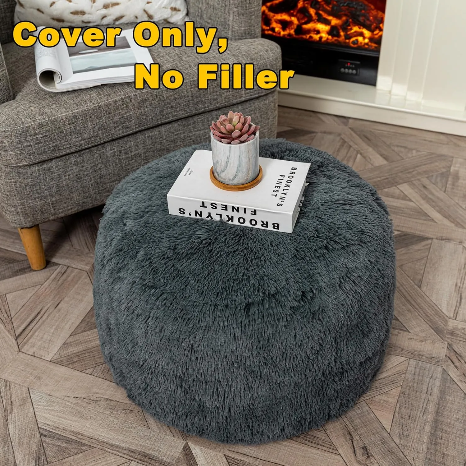 Fur Ottoman Stool Unstuffed Footstool Cover Floor Pouf NO Filler Foot Rest 20x12 In Round Poof Seat Bean Bag Chair Foldable Storage for Living Room Bedroom Cover ONLY Dark Gray