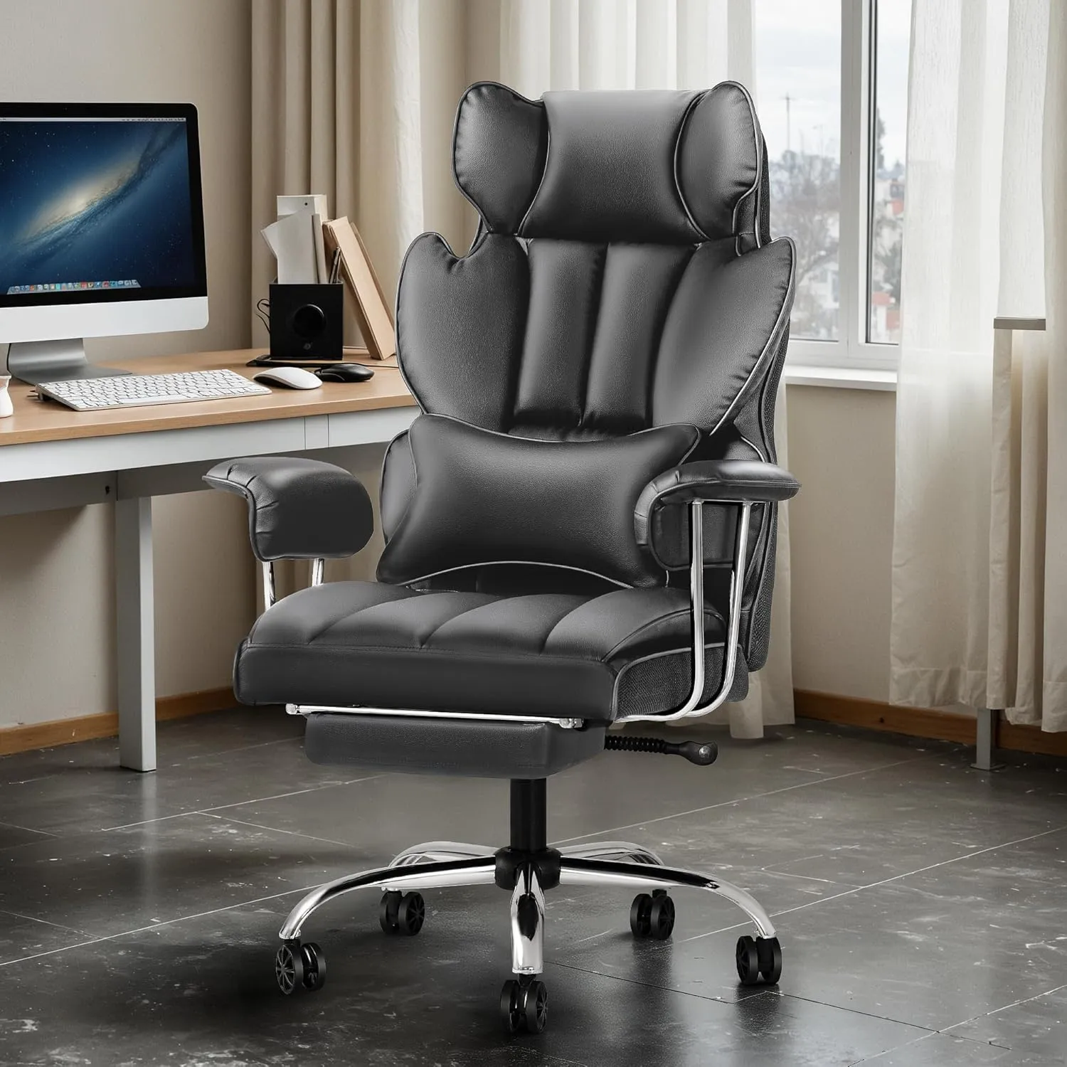 Furmax Big and Tall Office Chair, High Back Leather Gaming Chair with Footrest, Reclining Ergonomic Executive Chair with Lumbar Support for Heavy People 400lbs Home Office Desk Chairs (Gray)