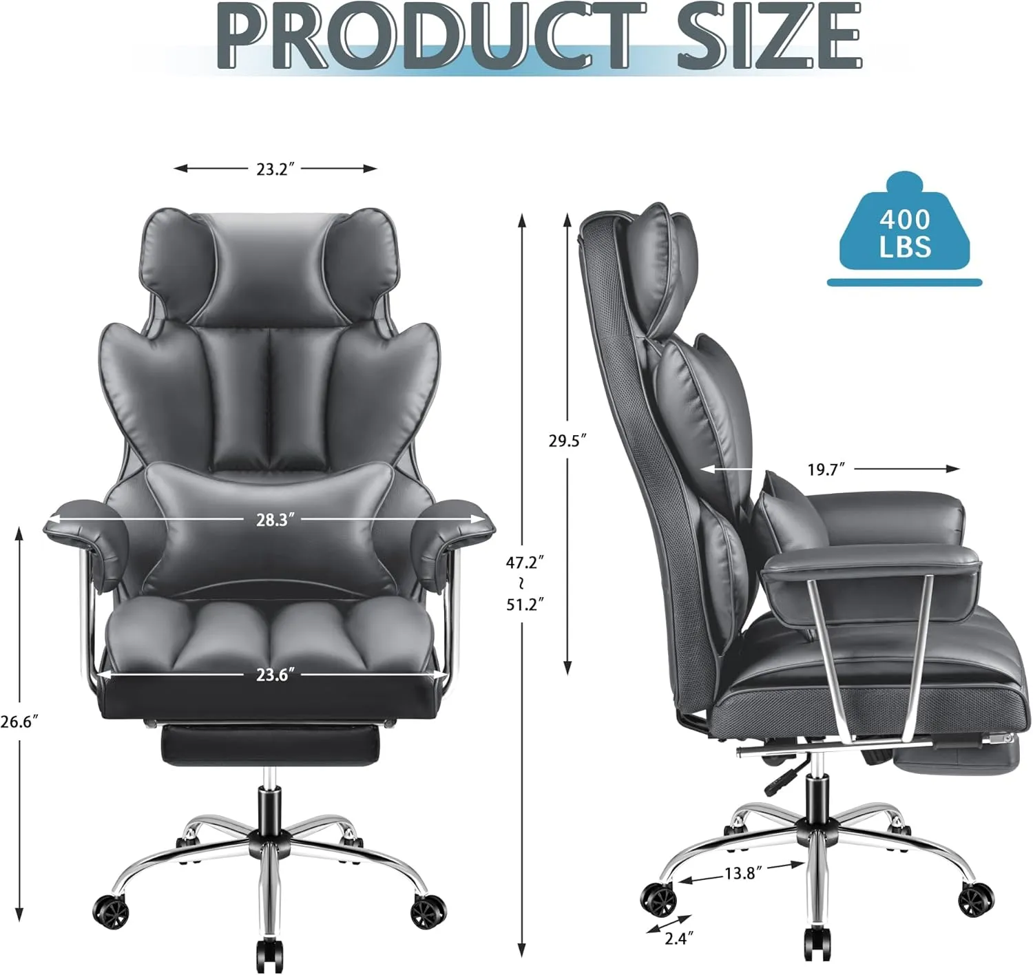 Furmax Big and Tall Office Chair, High Back Leather Gaming Chair with Footrest, Reclining Ergonomic Executive Chair with Lumbar Support for Heavy People 400lbs Home Office Desk Chairs (Gray)