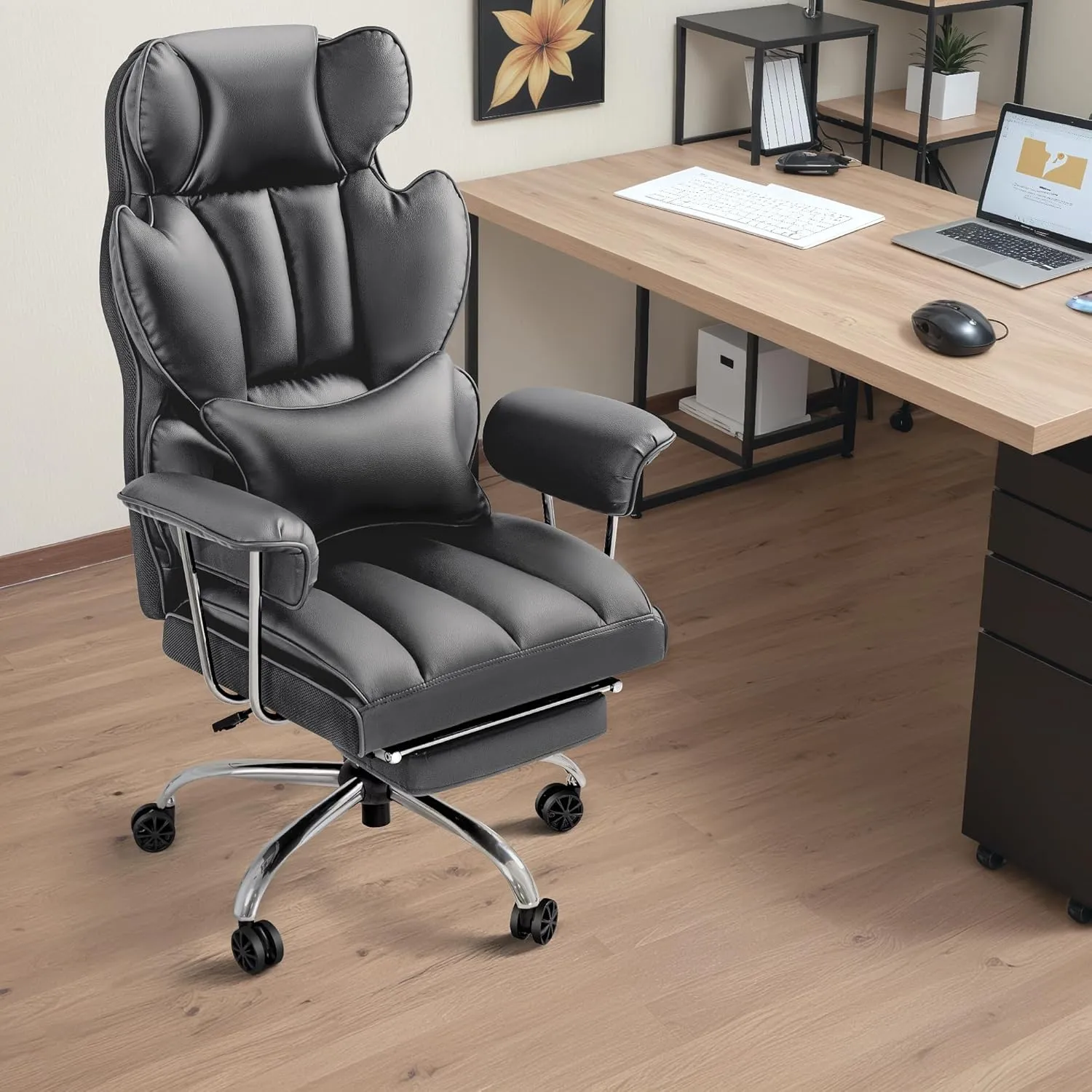Furmax Big and Tall Office Chair, High Back Leather Gaming Chair with Footrest, Reclining Ergonomic Executive Chair with Lumbar Support for Heavy People 400lbs Home Office Desk Chairs (Gray)