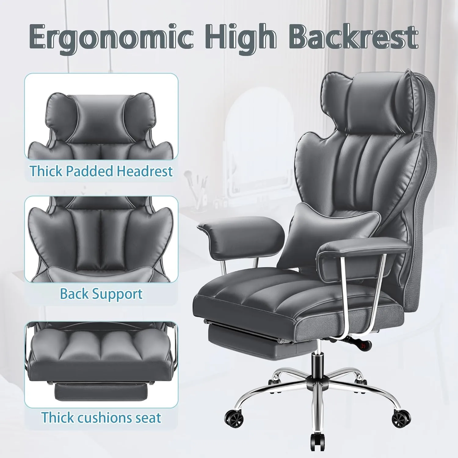 Furmax Big and Tall Office Chair, High Back Leather Gaming Chair with Footrest, Reclining Ergonomic Executive Chair with Lumbar Support for Heavy People 400lbs Home Office Desk Chairs (Gray)