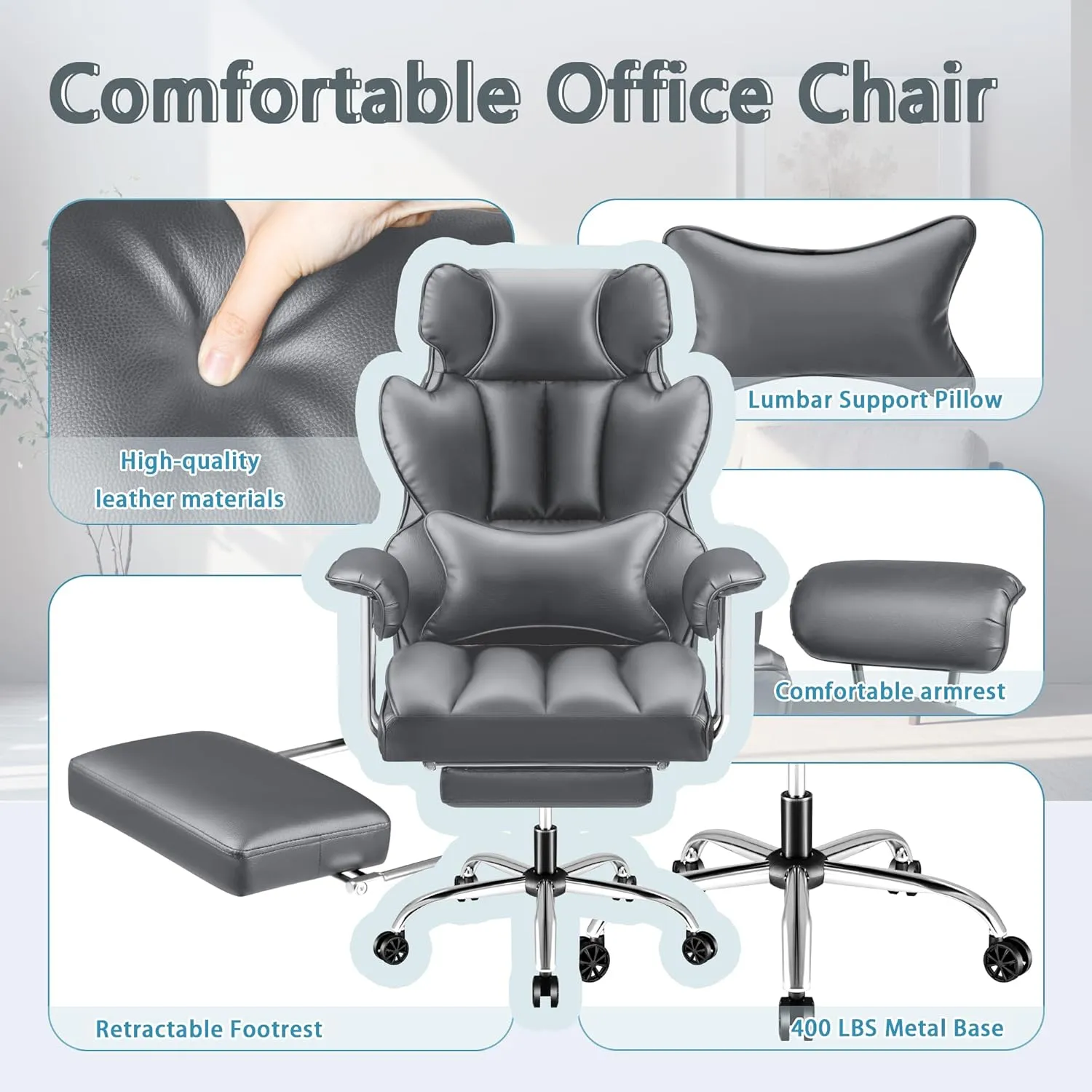 Furmax Big and Tall Office Chair, High Back Leather Gaming Chair with Footrest, Reclining Ergonomic Executive Chair with Lumbar Support for Heavy People 400lbs Home Office Desk Chairs (Gray)