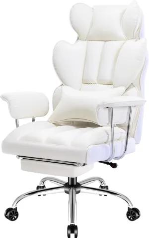 Furmax Big and Tall Office Chair, High Back Leather Gaming Chair with Footrest, Reclining Ergonomic Executive Chair with Lumbar Support for Heavy People 400lbs Home Office Desk Chairs (White)