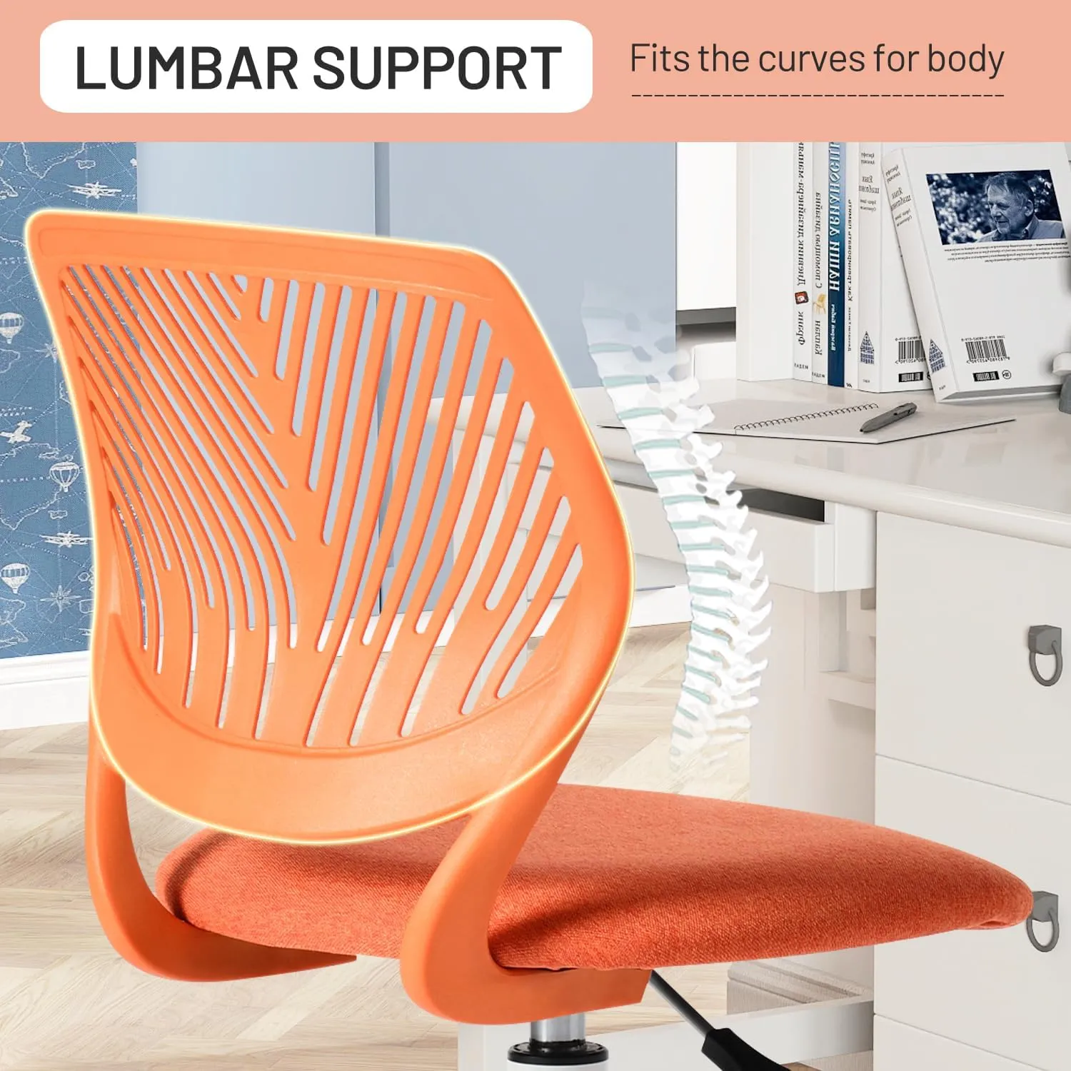 FurnitureR Desk Chair Cute Ergonomic for Teens Boys Girls Youth Students, Chic Stylish Low-Back Armless Study Writing Swivel Fabric Seating with Adjustable Height, Citrus Orange