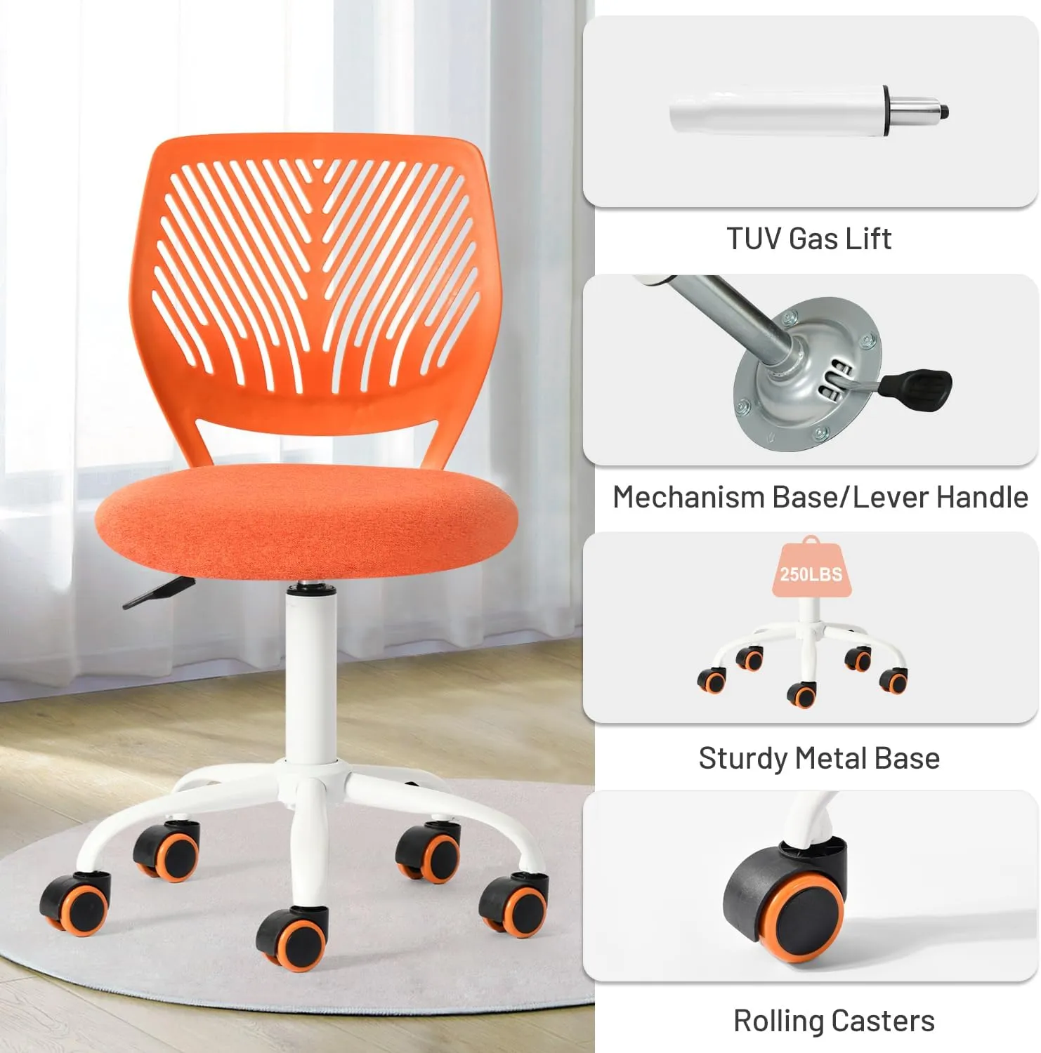 FurnitureR Desk Chair Cute Ergonomic for Teens Boys Girls Youth Students, Chic Stylish Low-Back Armless Study Writing Swivel Fabric Seating with Adjustable Height, Citrus Orange