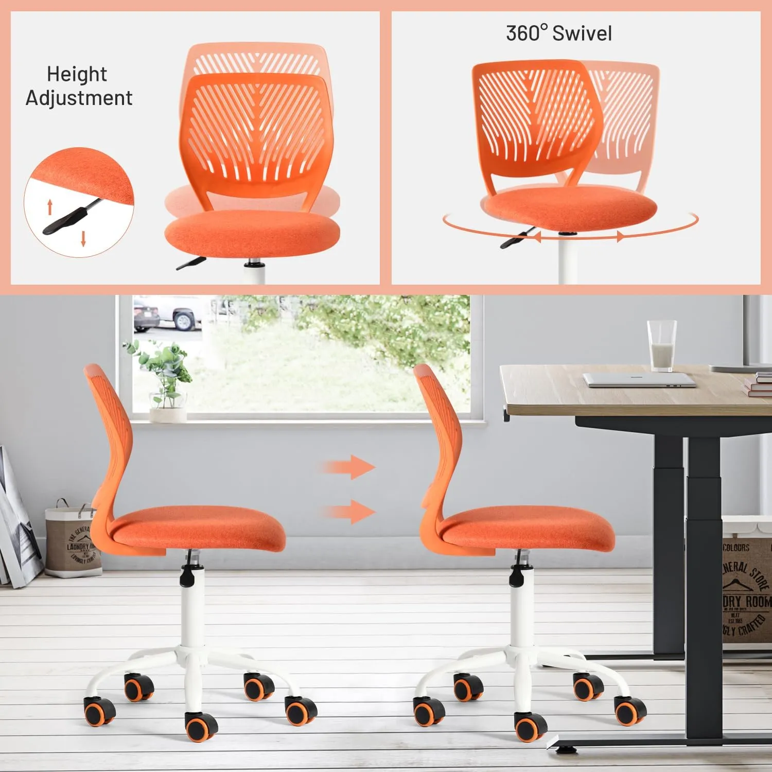 FurnitureR Desk Chair Cute Ergonomic for Teens Boys Girls Youth Students, Chic Stylish Low-Back Armless Study Writing Swivel Fabric Seating with Adjustable Height, Citrus Orange