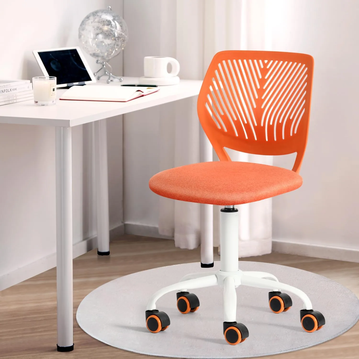 FurnitureR Desk Chair Cute Ergonomic for Teens Boys Girls Youth Students, Chic Stylish Low-Back Armless Study Writing Swivel Fabric Seating with Adjustable Height, Citrus Orange