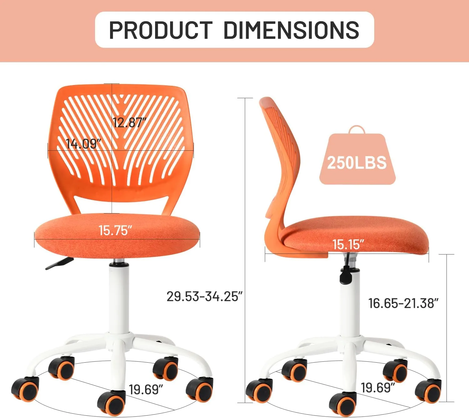 FurnitureR Desk Chair Cute Ergonomic for Teens Boys Girls Youth Students, Chic Stylish Low-Back Armless Study Writing Swivel Fabric Seating with Adjustable Height, Citrus Orange
