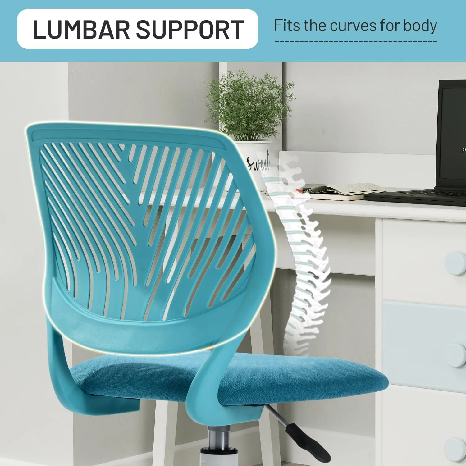 FurnitureR Kids Desk Chair Armless with Rolling Wheels, Comfy Small Adjustable Swivel Study Computer Task Chairs for Home Office Student Children, Fabric Seating Cushion, Plastic Low-Back, Aqua Blue