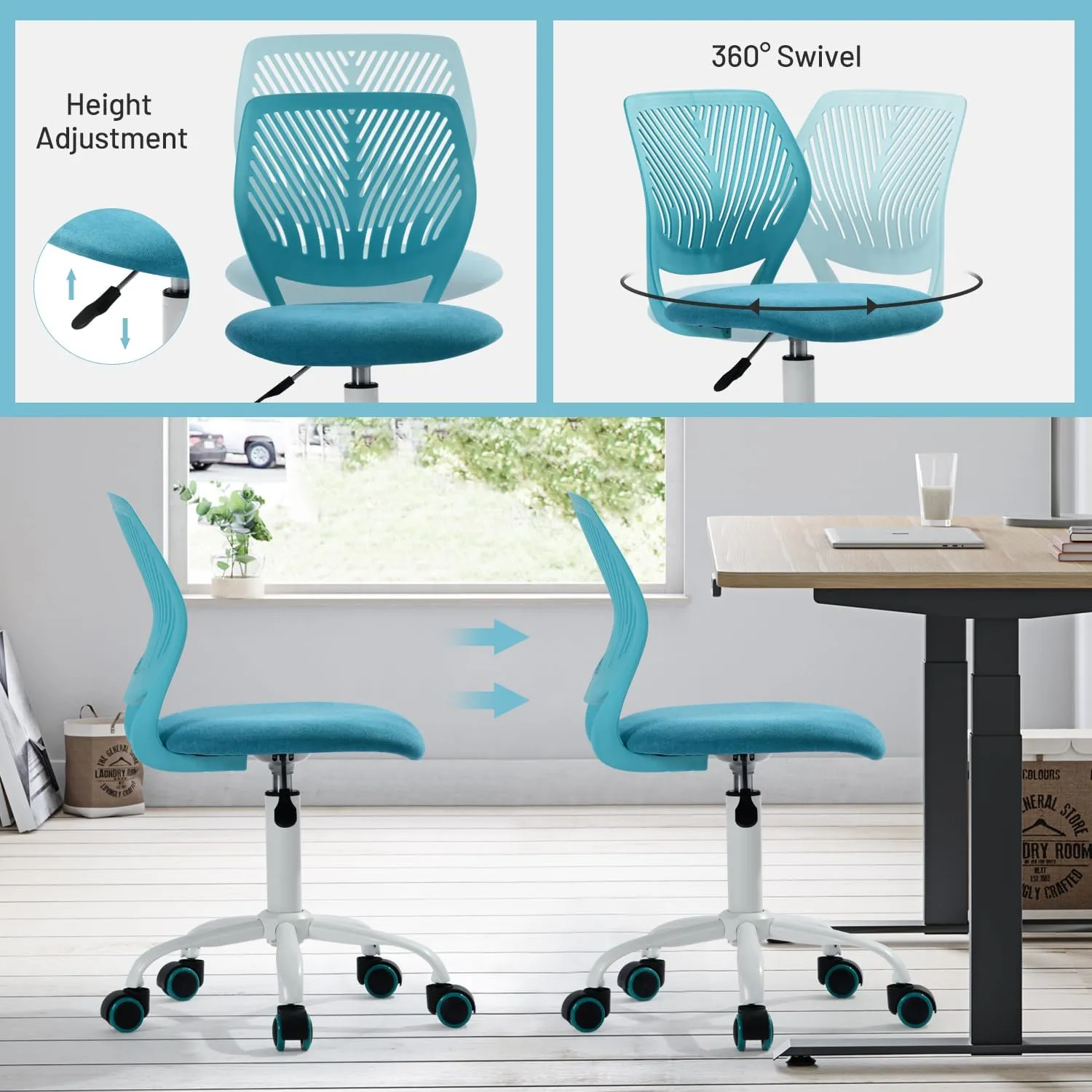 FurnitureR Kids Desk Chair Armless with Rolling Wheels, Comfy Small Adjustable Swivel Study Computer Task Chairs for Home Office Student Children, Fabric Seating Cushion, Plastic Low-Back, Aqua Blue