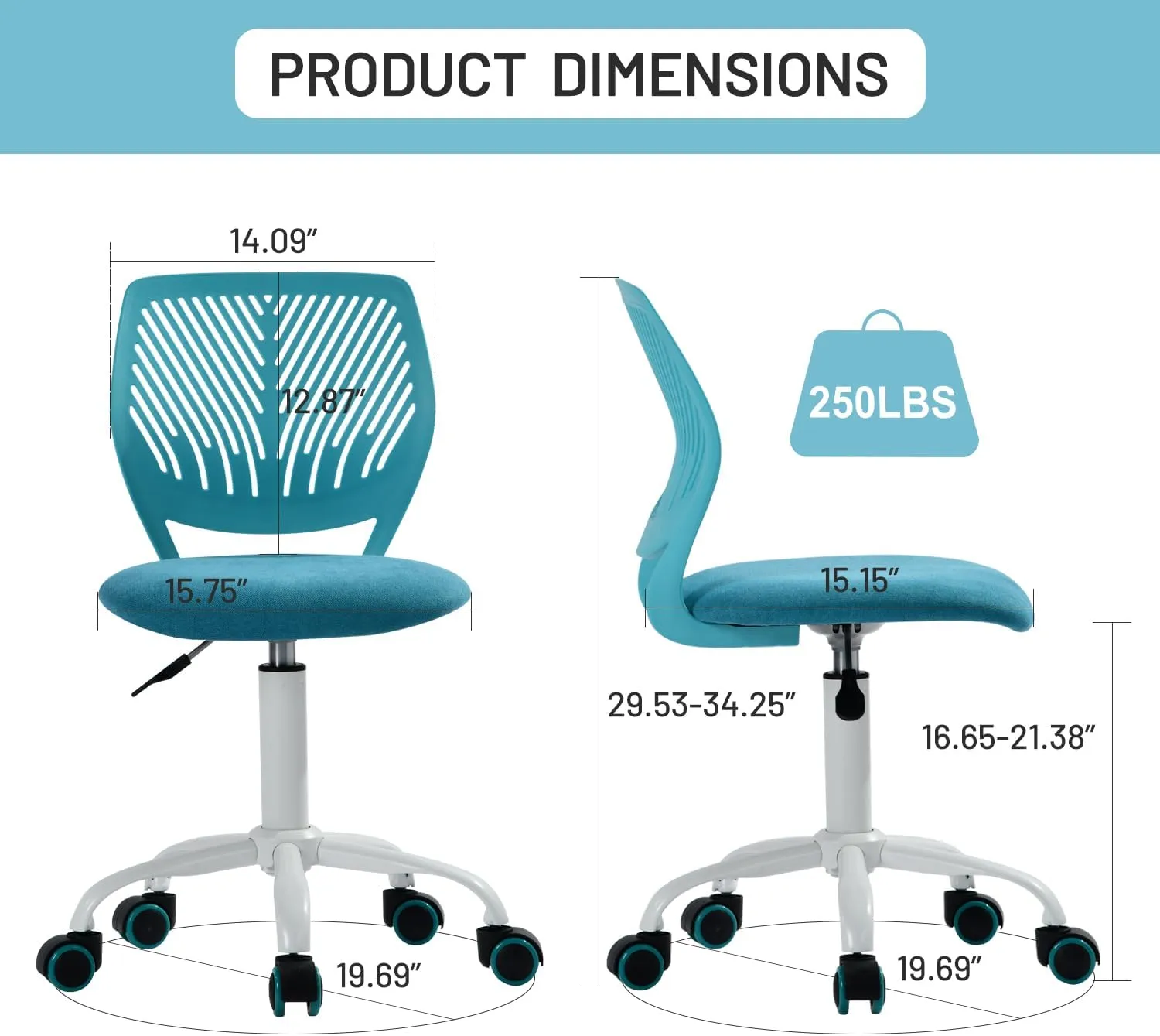 FurnitureR Kids Desk Chair Armless with Rolling Wheels, Comfy Small Adjustable Swivel Study Computer Task Chairs for Home Office Student Children, Fabric Seating Cushion, Plastic Low-Back, Aqua Blue