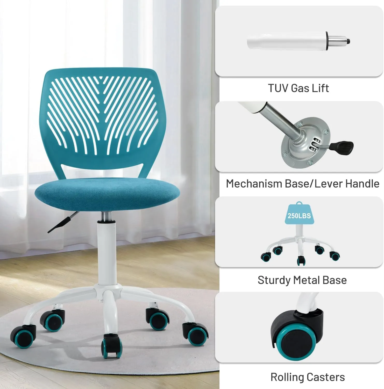 FurnitureR Kids Desk Chair Armless with Rolling Wheels, Comfy Small Adjustable Swivel Study Computer Task Chairs for Home Office Student Children, Fabric Seating Cushion, Plastic Low-Back, Aqua Blue