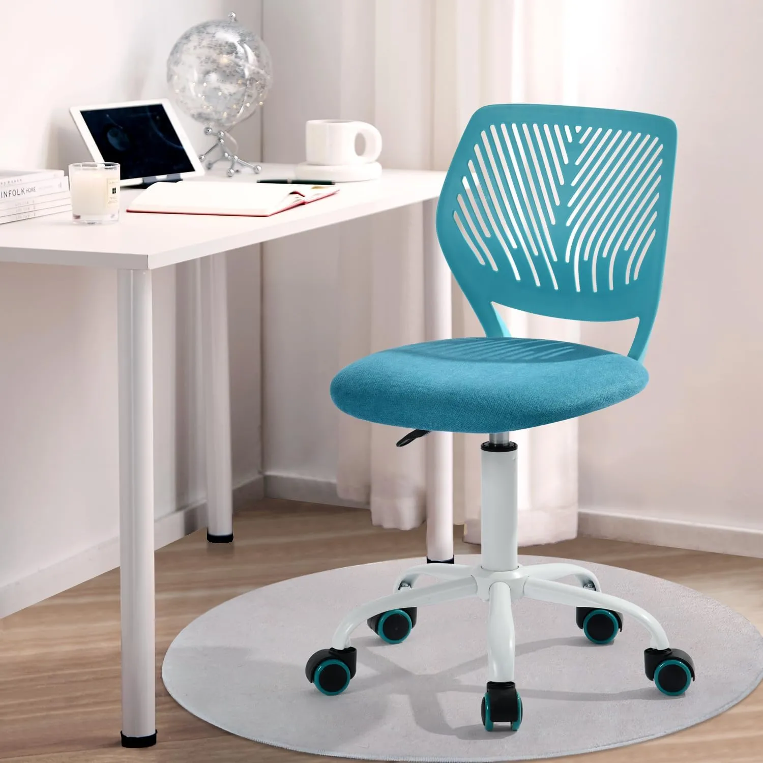 FurnitureR Kids Desk Chair Armless with Rolling Wheels, Comfy Small Adjustable Swivel Study Computer Task Chairs for Home Office Student Children, Fabric Seating Cushion, Plastic Low-Back, Aqua Blue