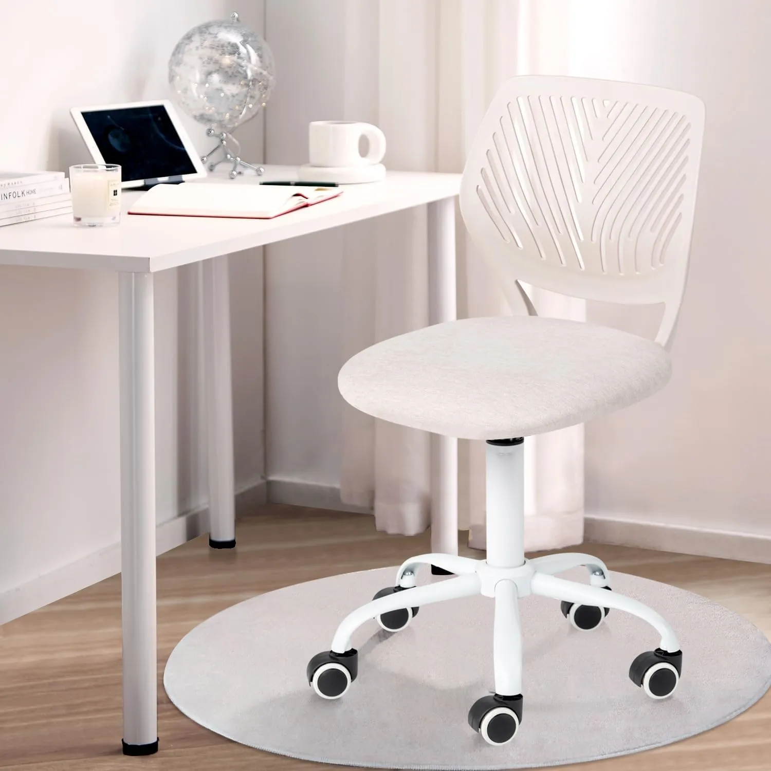FurnitureR Kids Study Desk Chair, Small Computer Task Chair for Student Ergonomic Mid Back Adjustable, Fabric Armless Cute Rolling Swivel Children Office Chair Writing Chair, Beige