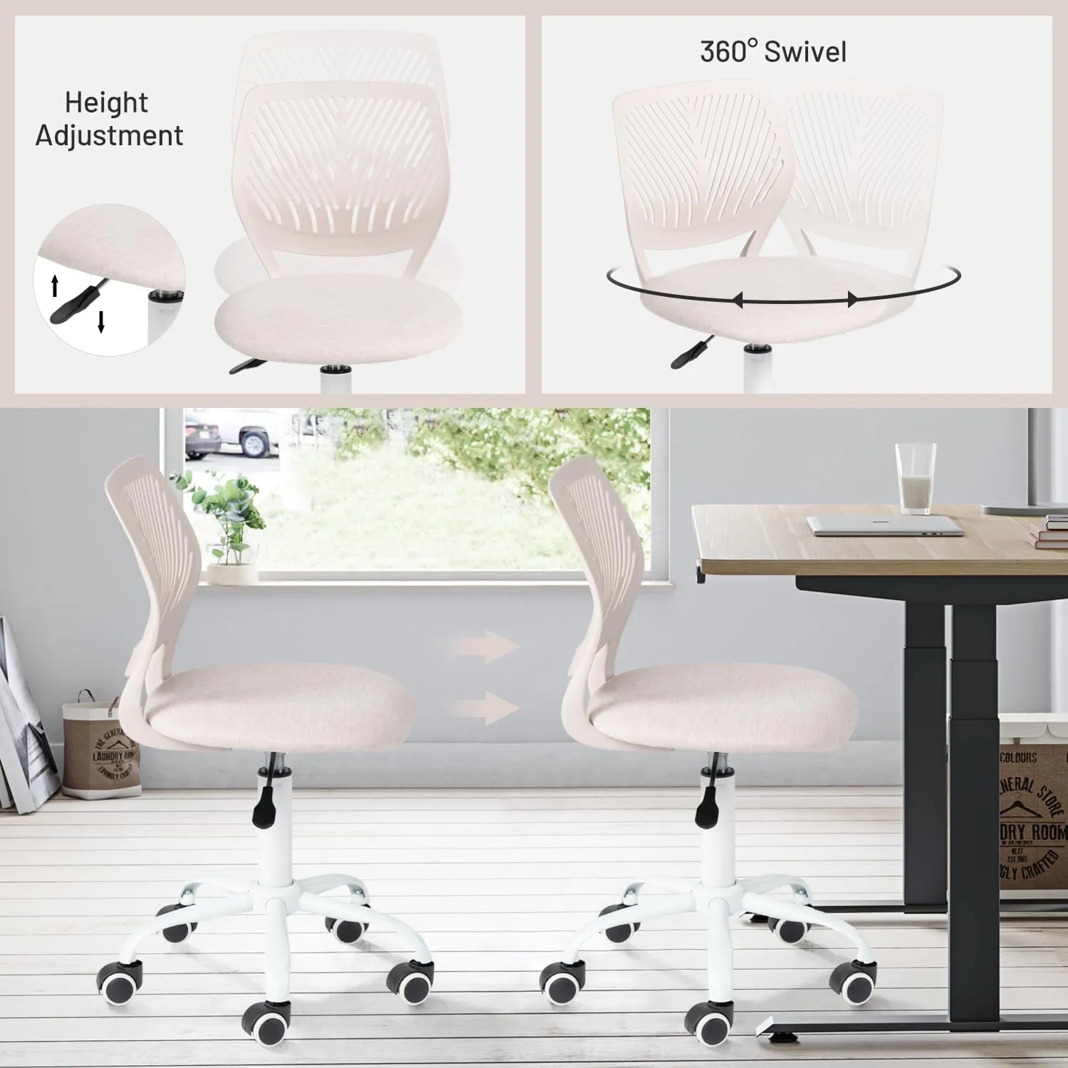 FurnitureR Kids Study Desk Chair, Small Computer Task Chair for Student Ergonomic Mid Back Adjustable, Fabric Armless Cute Rolling Swivel Children Office Chair Writing Chair, Beige