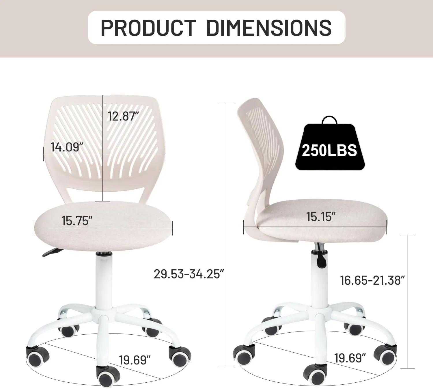 FurnitureR Kids Study Desk Chair, Small Computer Task Chair for Student Ergonomic Mid Back Adjustable, Fabric Armless Cute Rolling Swivel Children Office Chair Writing Chair, Beige