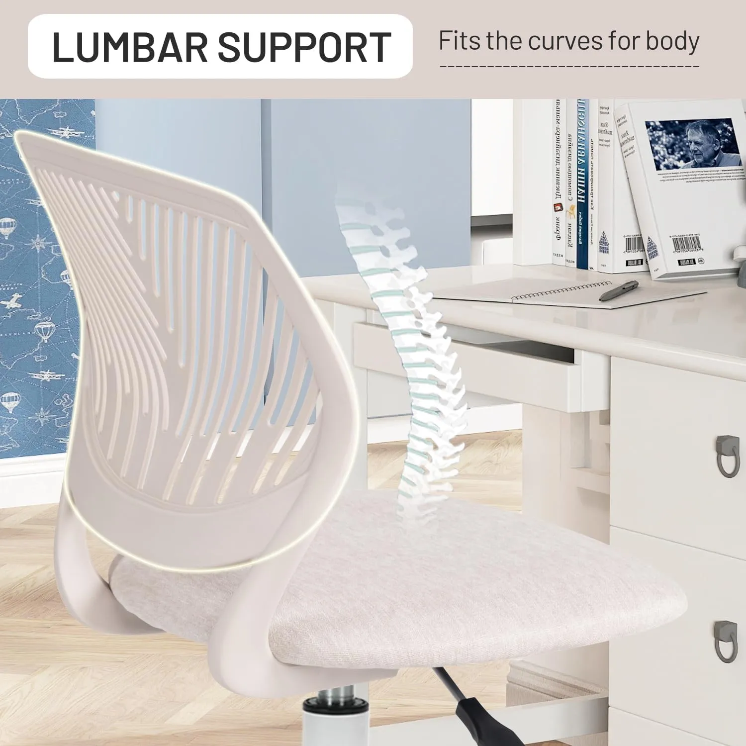 FurnitureR Kids Study Desk Chair, Small Computer Task Chair for Student Ergonomic Mid Back Adjustable, Fabric Armless Cute Rolling Swivel Children Office Chair Writing Chair, Beige