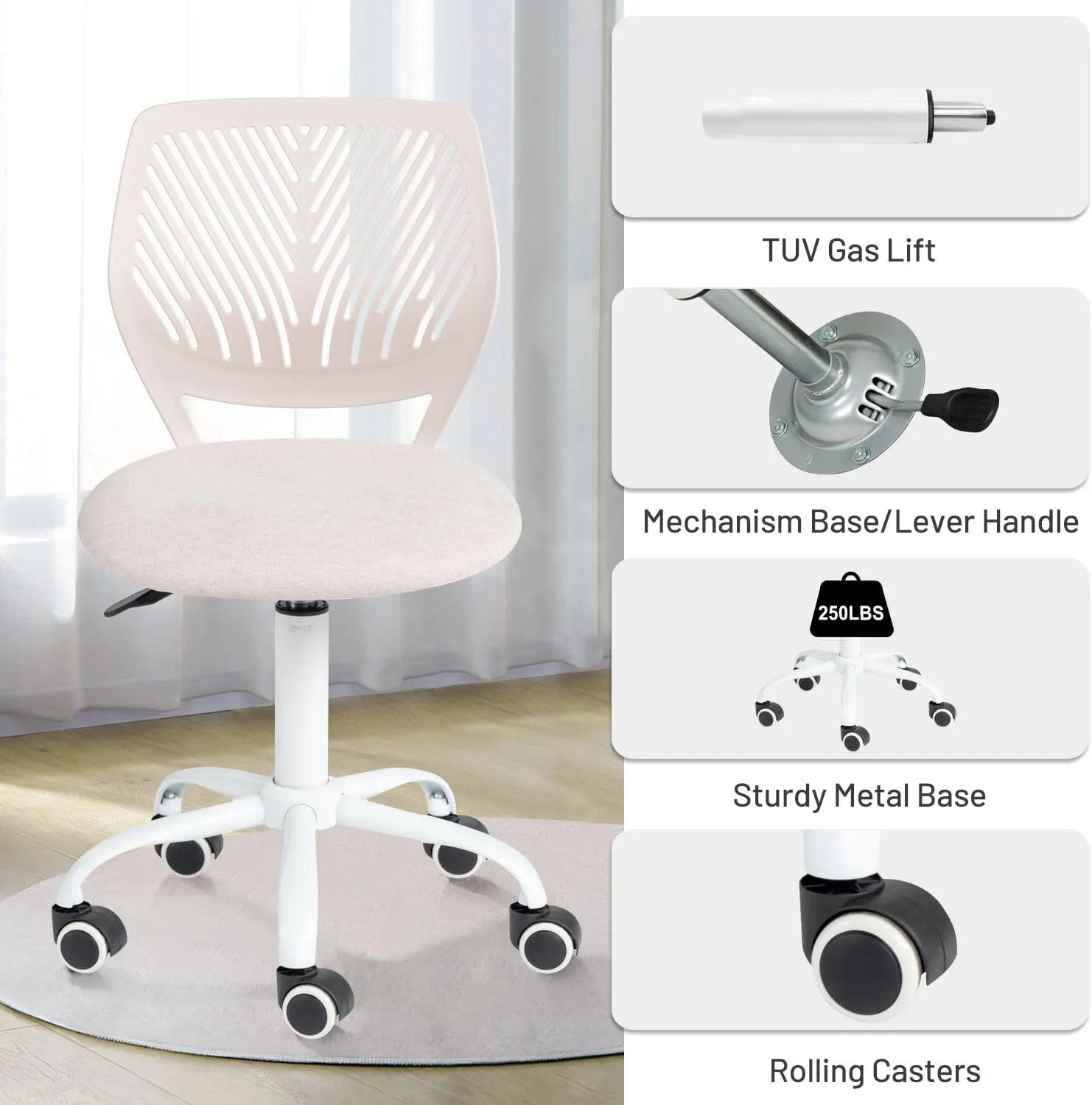 FurnitureR Kids Study Desk Chair, Small Computer Task Chair for Student Ergonomic Mid Back Adjustable, Fabric Armless Cute Rolling Swivel Children Office Chair Writing Chair, Beige