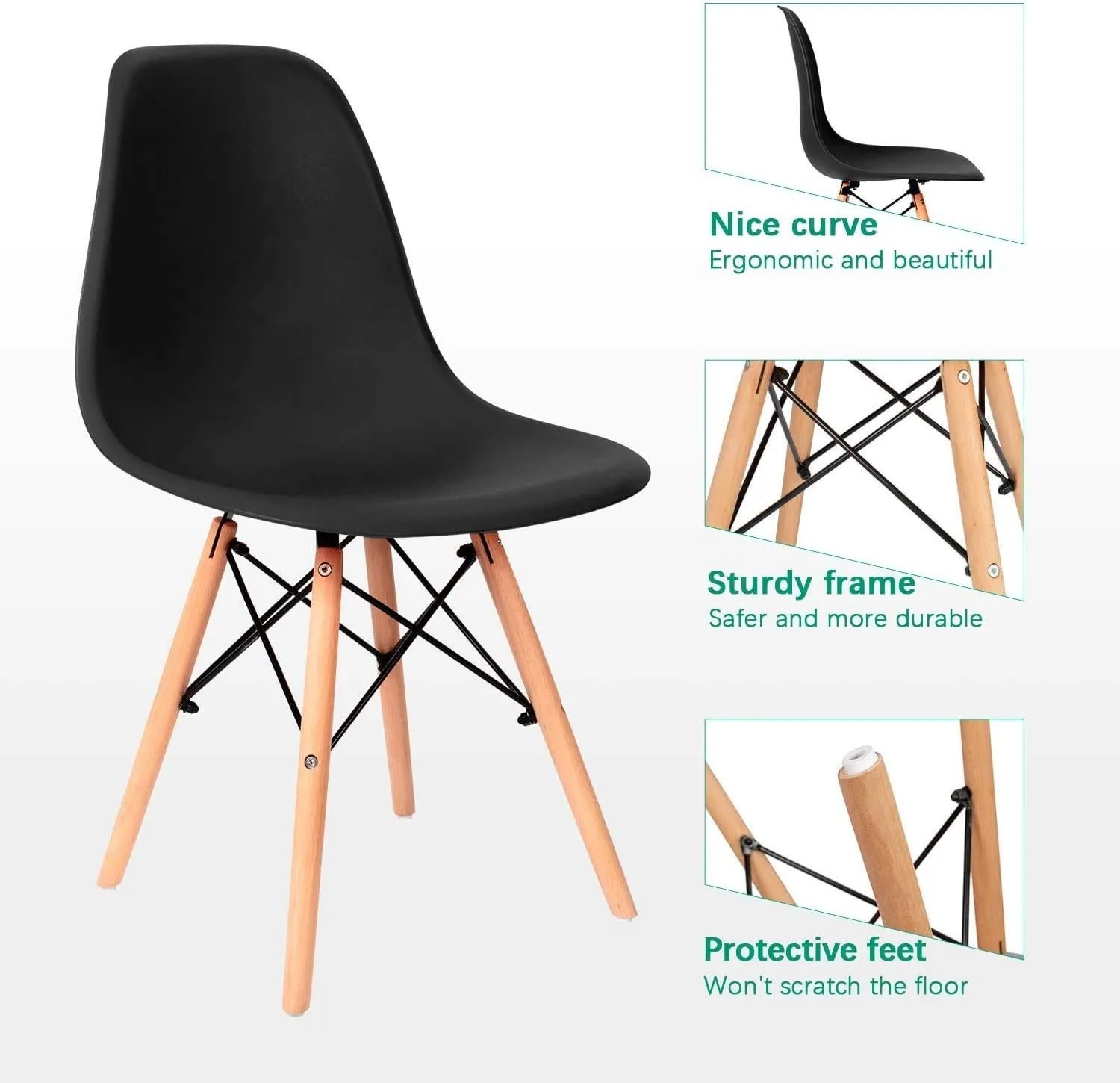 Furniwell Pre Assembled Modern Style Dining Chair Mid Century Modern DSW Chairs, Indoor Plastic Shell Lounge Plastic Side Chairs Set of 4 (Black)