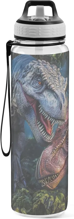 Fustylead 3d T-rex Fight Triceratops in The Jungle 32oz Water Bottle with Straw, Leakproof Clear Sport Water Bottles for Gym Camping Hiking Travel