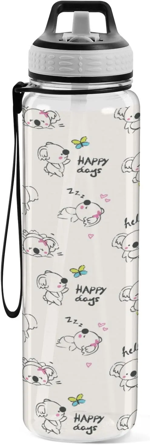 Fustylead Cute Koala Bear 32oz BPA Free Water Bottle, Leak-proof Bottle with Carrying Strap, Clear Sports Bottle for Running Cycling Camping
