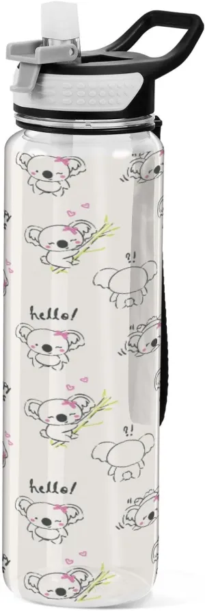 Fustylead Cute Koala Bear 32oz BPA Free Water Bottle, Leak-proof Bottle with Carrying Strap, Clear Sports Bottle for Running Cycling Camping