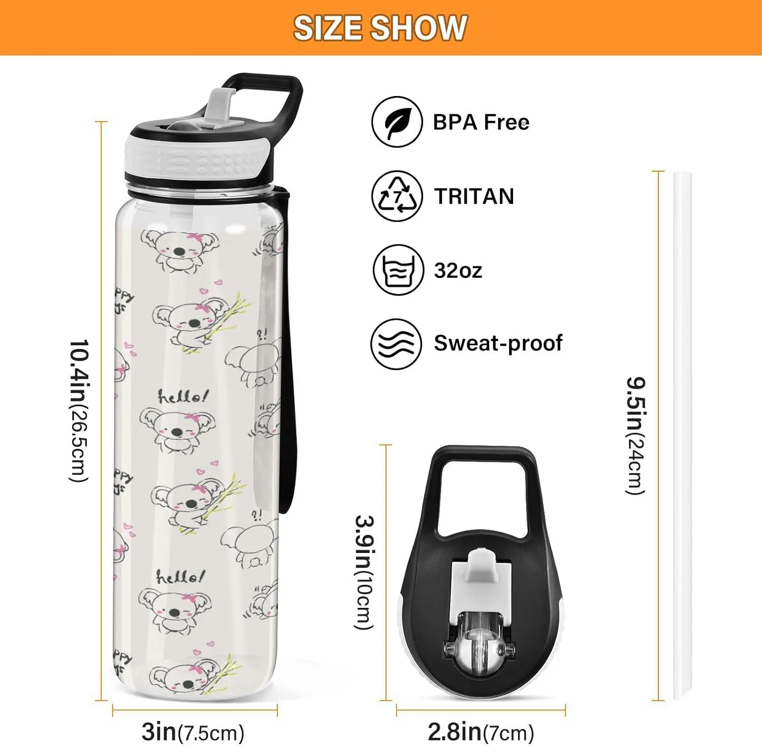 Fustylead Cute Koala Bear 32oz BPA Free Water Bottle, Leak-proof Bottle with Carrying Strap, Clear Sports Bottle for Running Cycling Camping