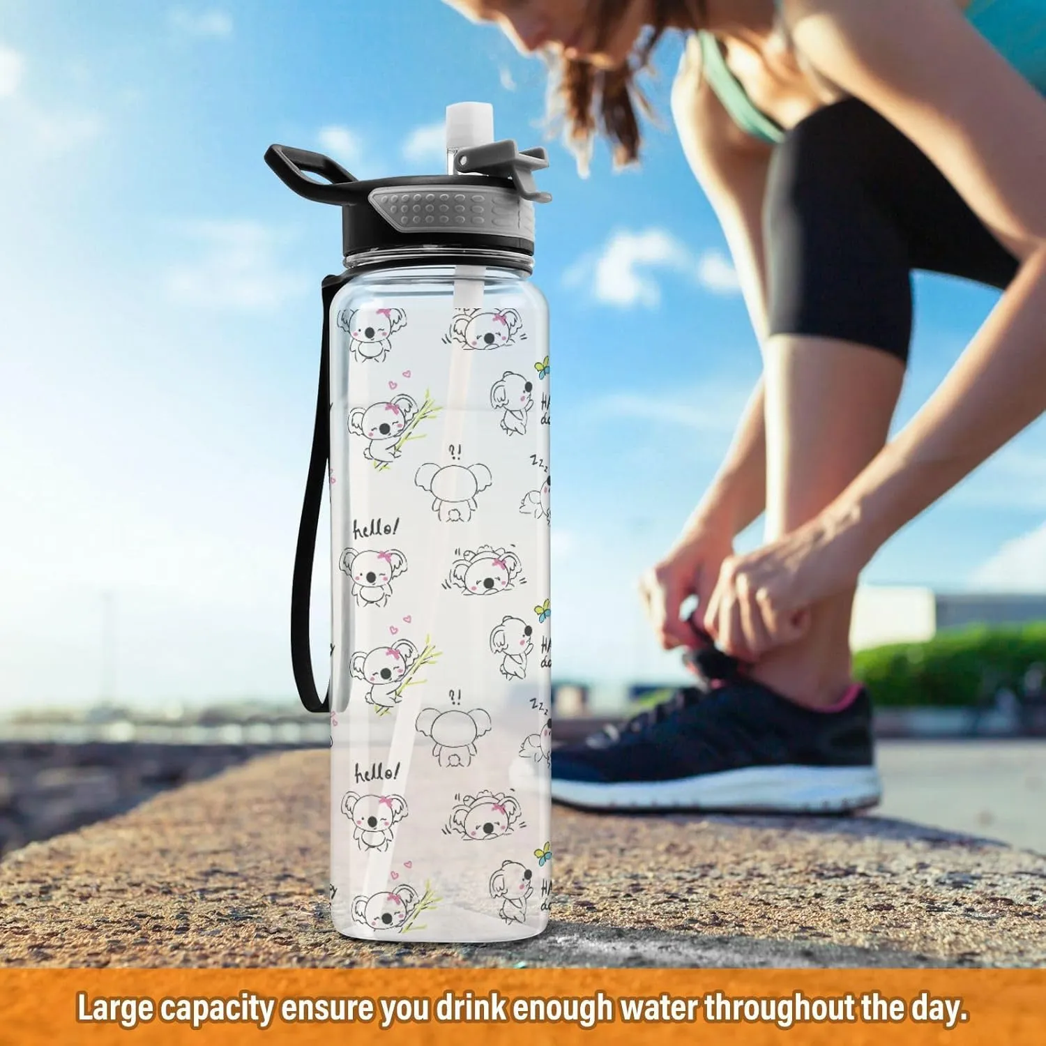 Fustylead Cute Koala Bear 32oz BPA Free Water Bottle, Leak-proof Bottle with Carrying Strap, Clear Sports Bottle for Running Cycling Camping